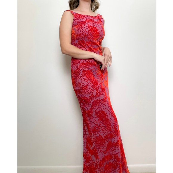 ABS Allen Schwartz Dresses Vtg Abs Allen Schwartz Deep V Back Red Orange Velvet Patterned